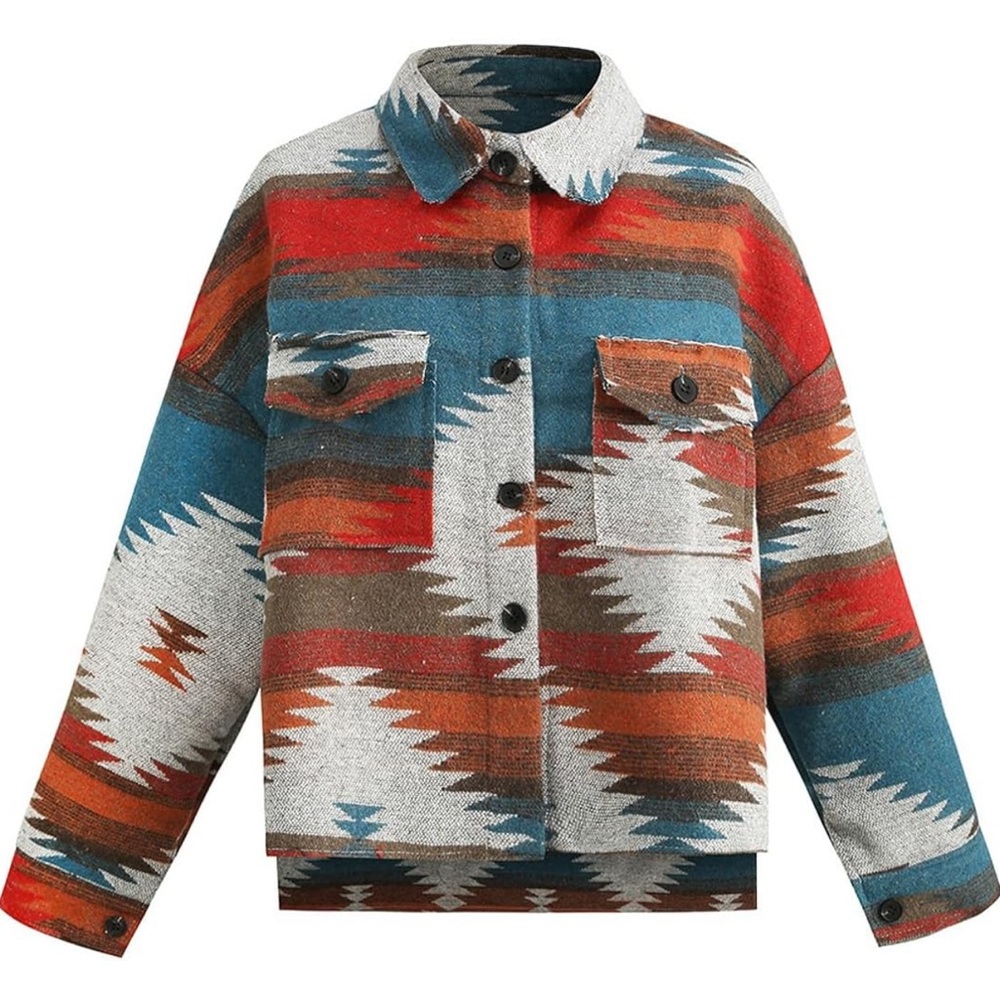 Vintage Aztec Print Pattern Loose Shacket Button Down Shirt Jacket Coat Cowgirl